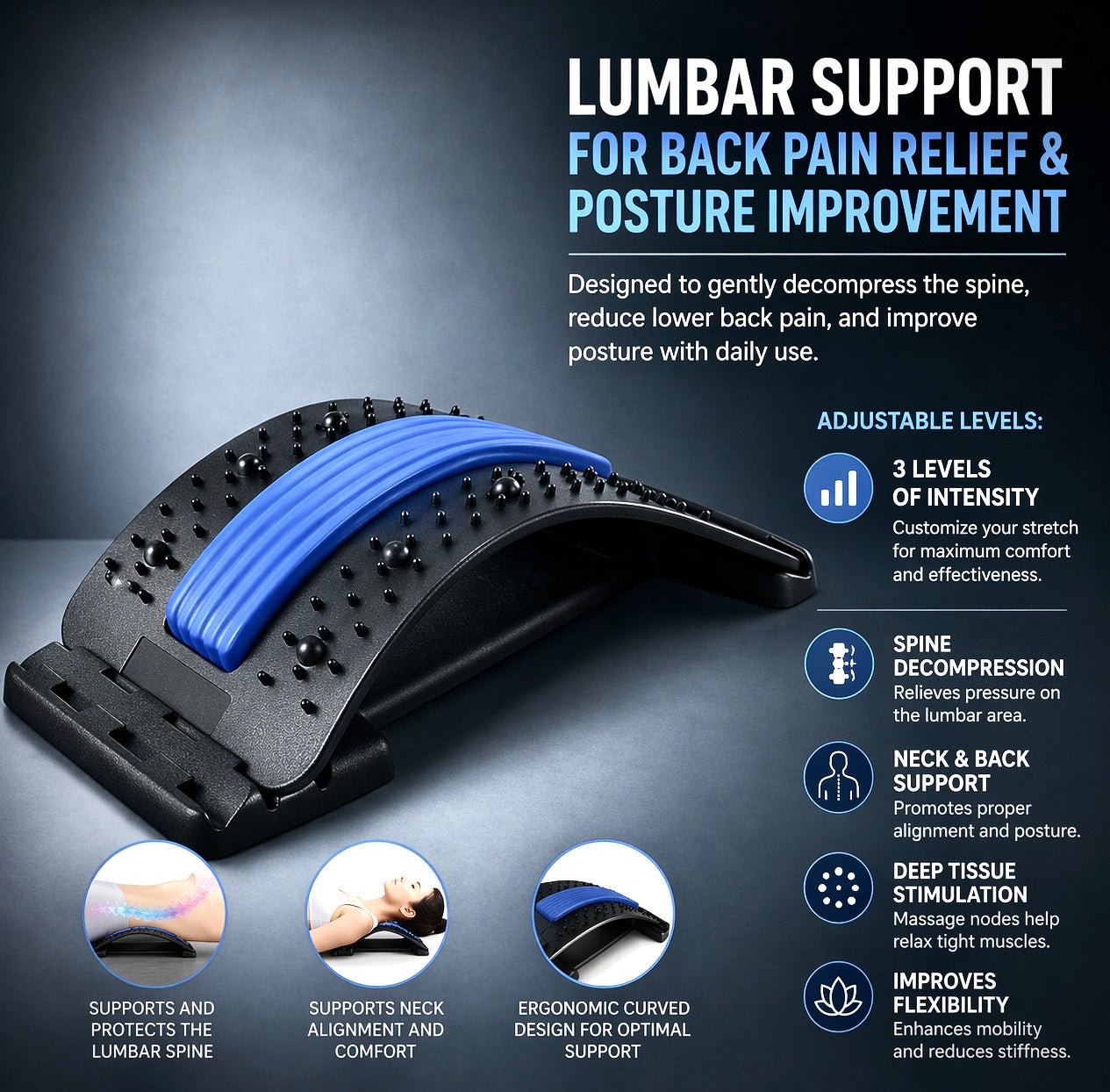 Adjustable Lumbar Support Stretcher – Back Pain Relief & Spine Decompression Device